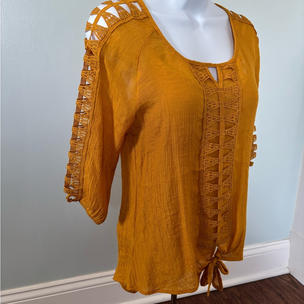 Women's Mustard Crochet-Trim Tie-Front Blouse